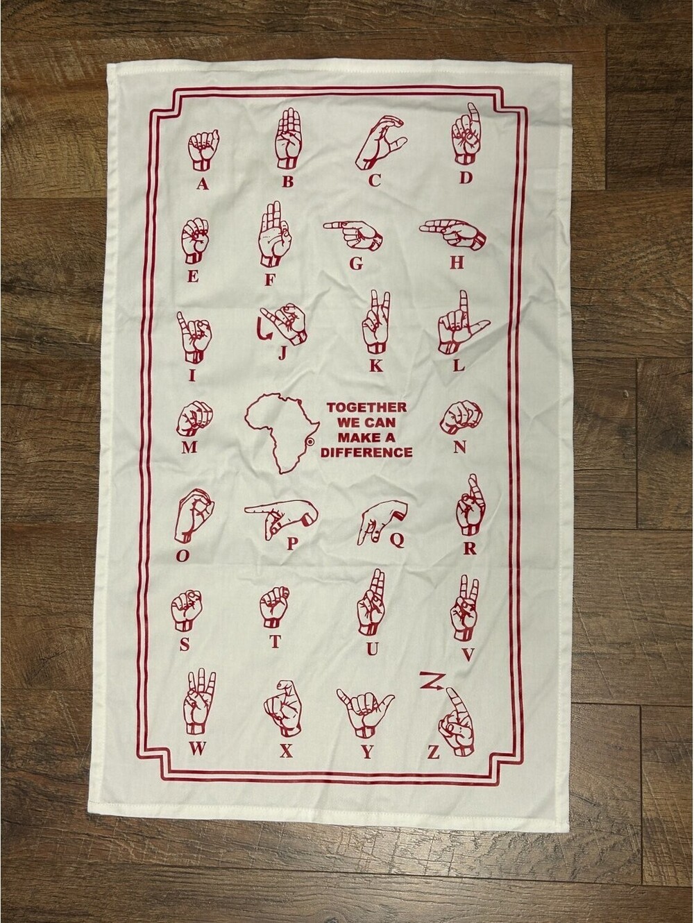 FIEL ASL Sign Language Alphabet Kitchen Tea Towel Africa Charity Red White